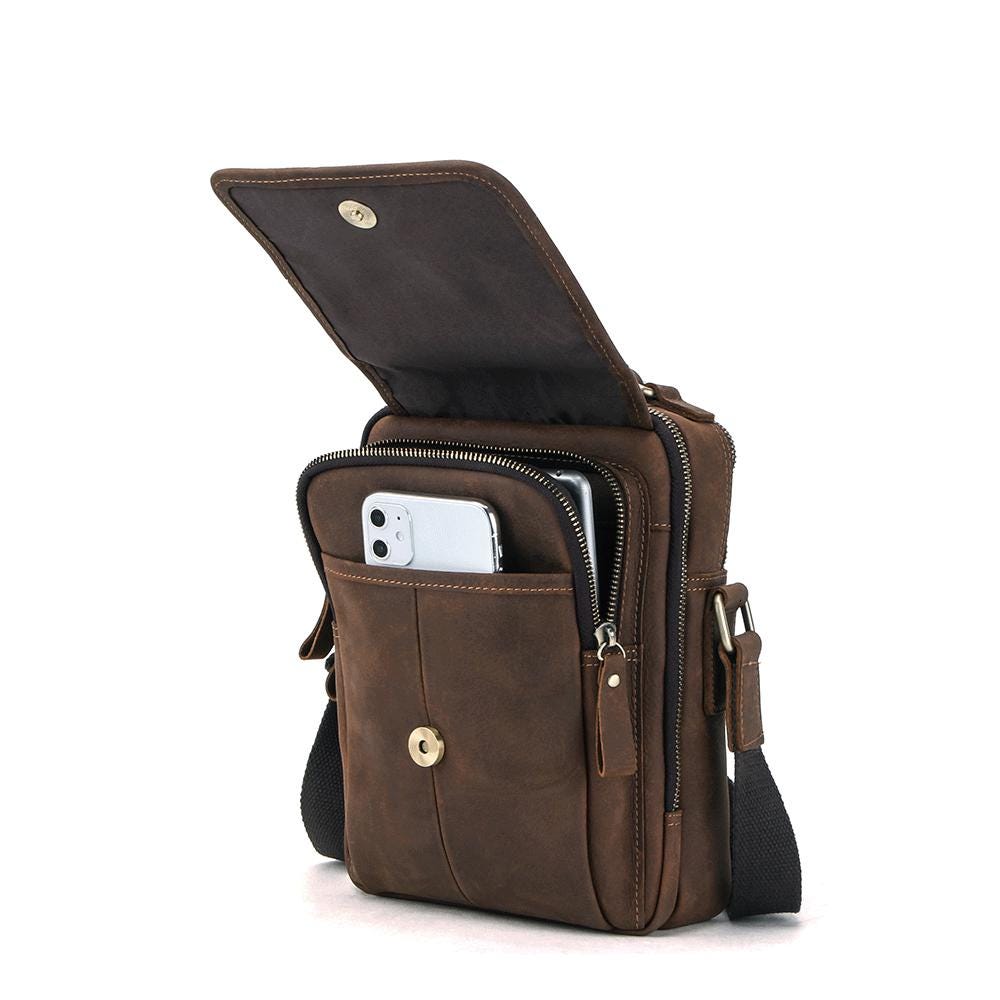 Personalized Leather Crossbody Bag for Men, Custom Mens Shoulder Messenger Bag, Vertical Travel Satchel with Handle, Vittorio