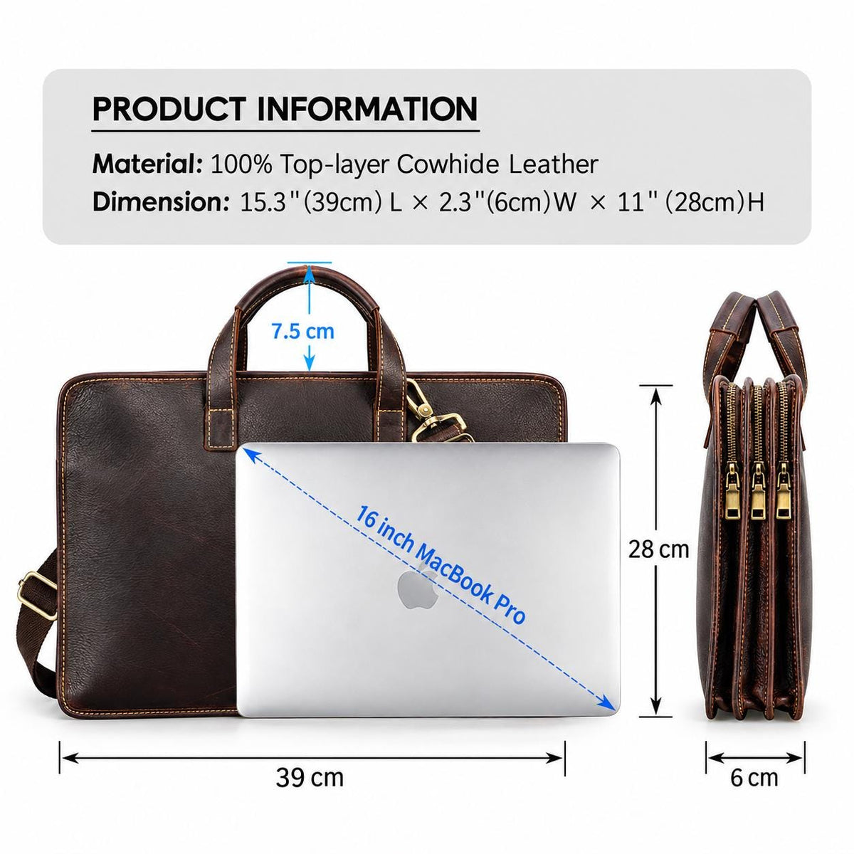 Custom Leather Briefcase for Men, Triple-Zip Laptop Bag, Crazy Horse Cowhide Messenger Bag