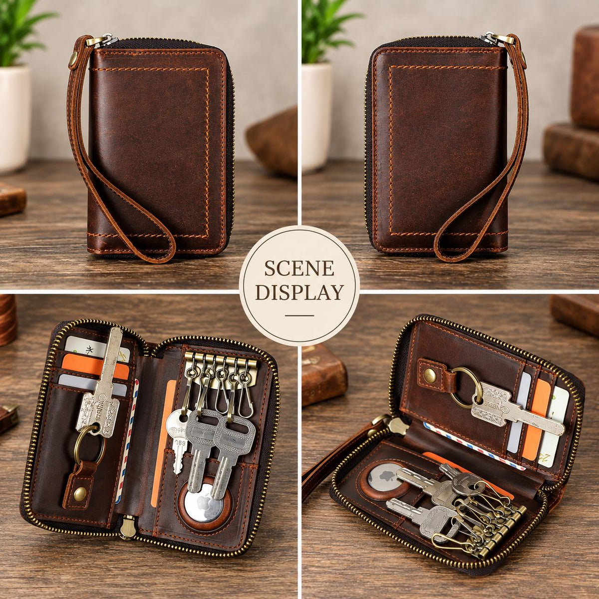 Personalized Leather Key Case Wallet with AirTag Holder, Custom Zipper Key Organizer Pouch, Vintage Card Key Fob Holder, Renzo