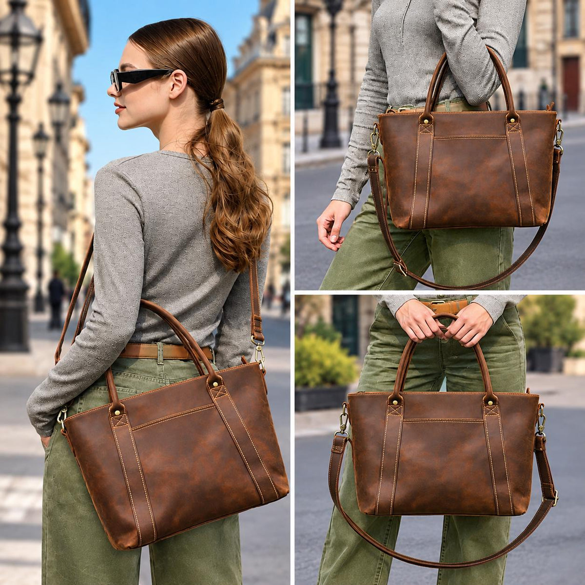 Leather Tote Bag for Work, Custom Shoulder Bag Fits 14 Inch Laptop, Personalized Leather Crossbody Bag, Mantova