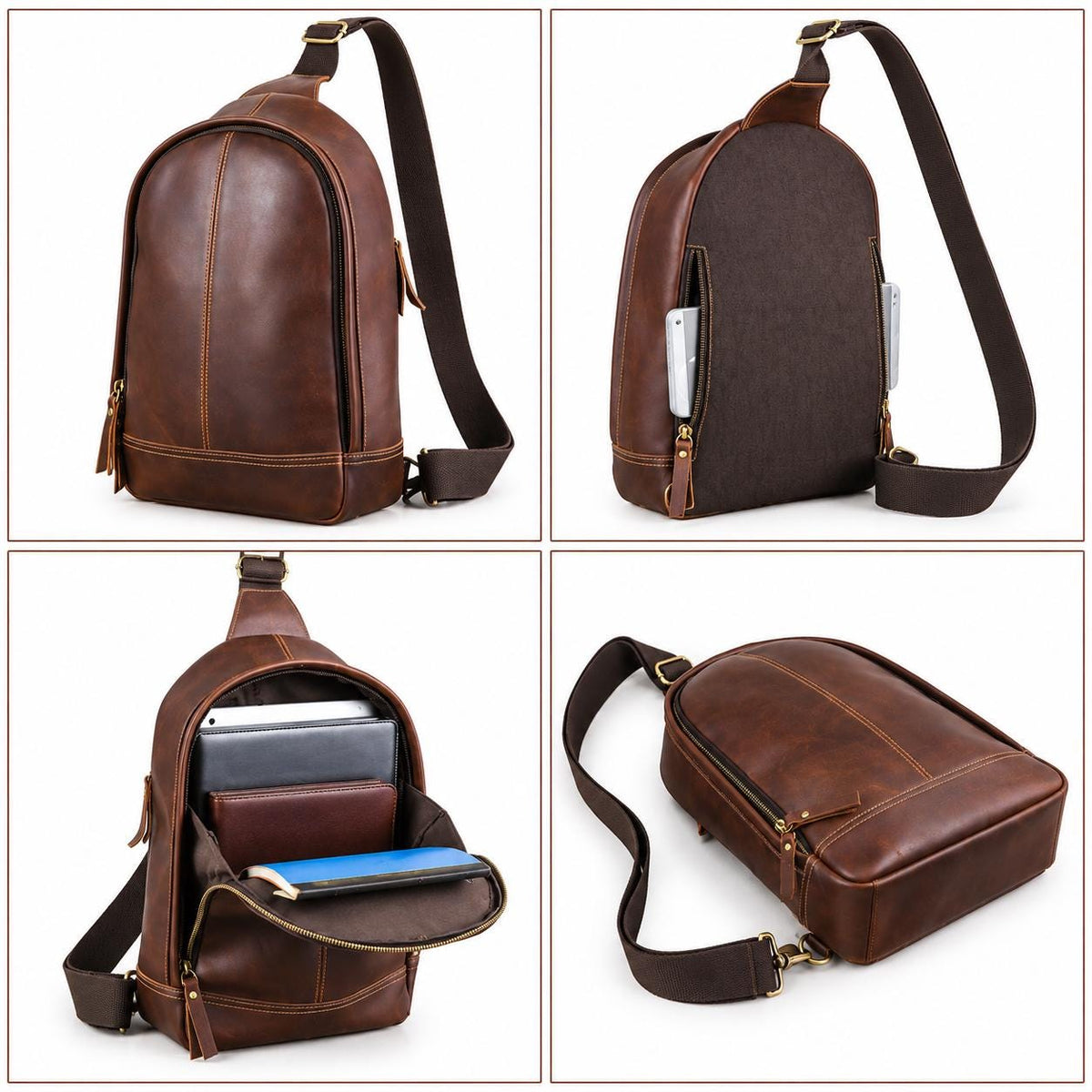 Leather Sling Bag for Men, Custom Crossbody Backpack Fits 13.3 Inch Laptop, One Shoulder Chest Bag, Bellagra