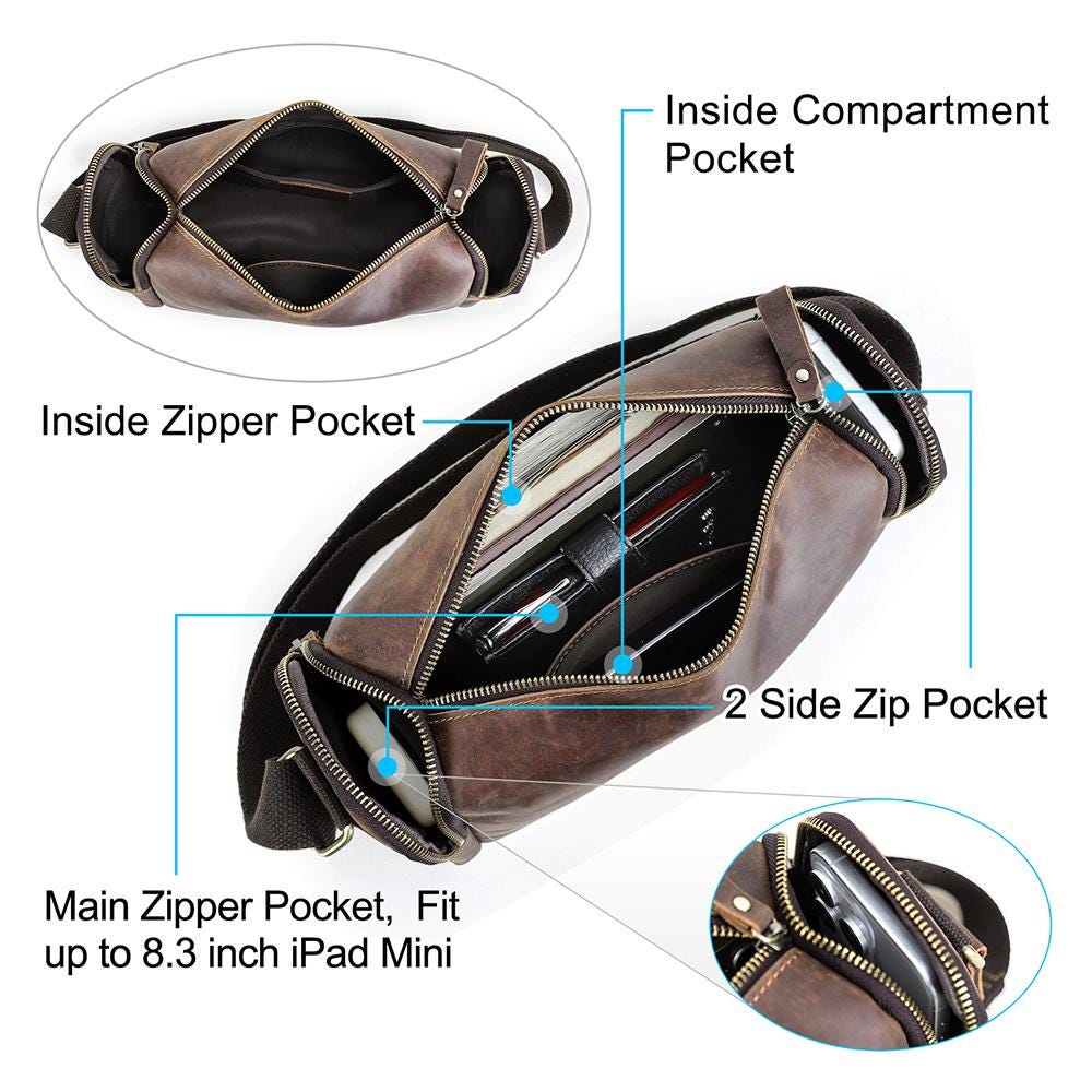 Leather Crossbody Bag for Men, Personalized Sling Shoulder Bag, Full Grain Mens Travel Bag Fits iPad Mini, Anniversary Gift for Him