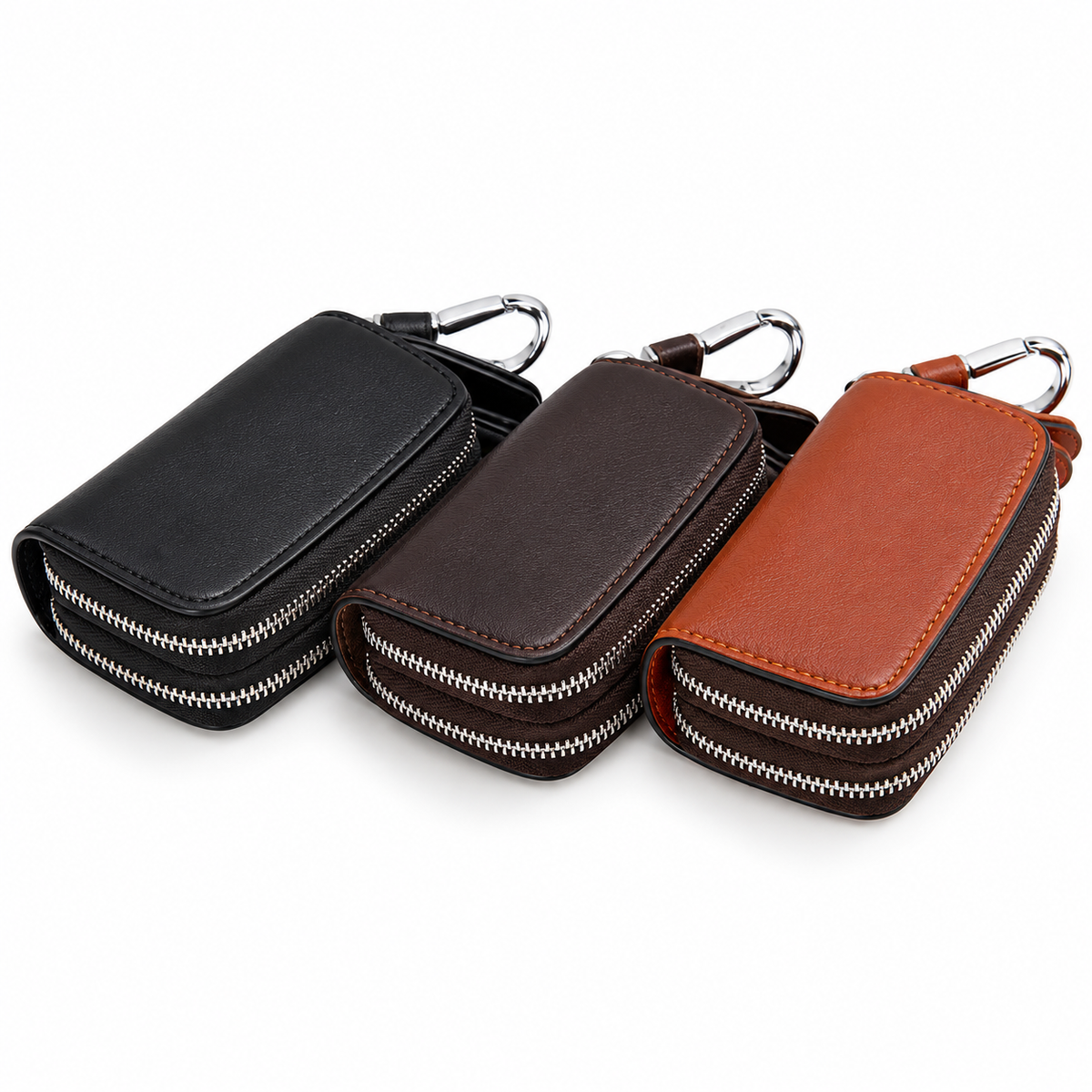 Linea Genuine Leather Double Zipper Key Case Wallet with Carabiner Clip