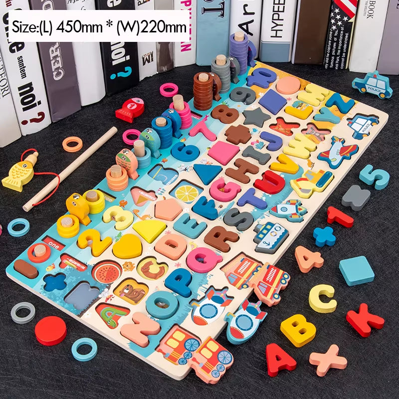 Wooden Montessori Number & Shape Sorting Puzzle – Educational Counting Toy for Toddlers