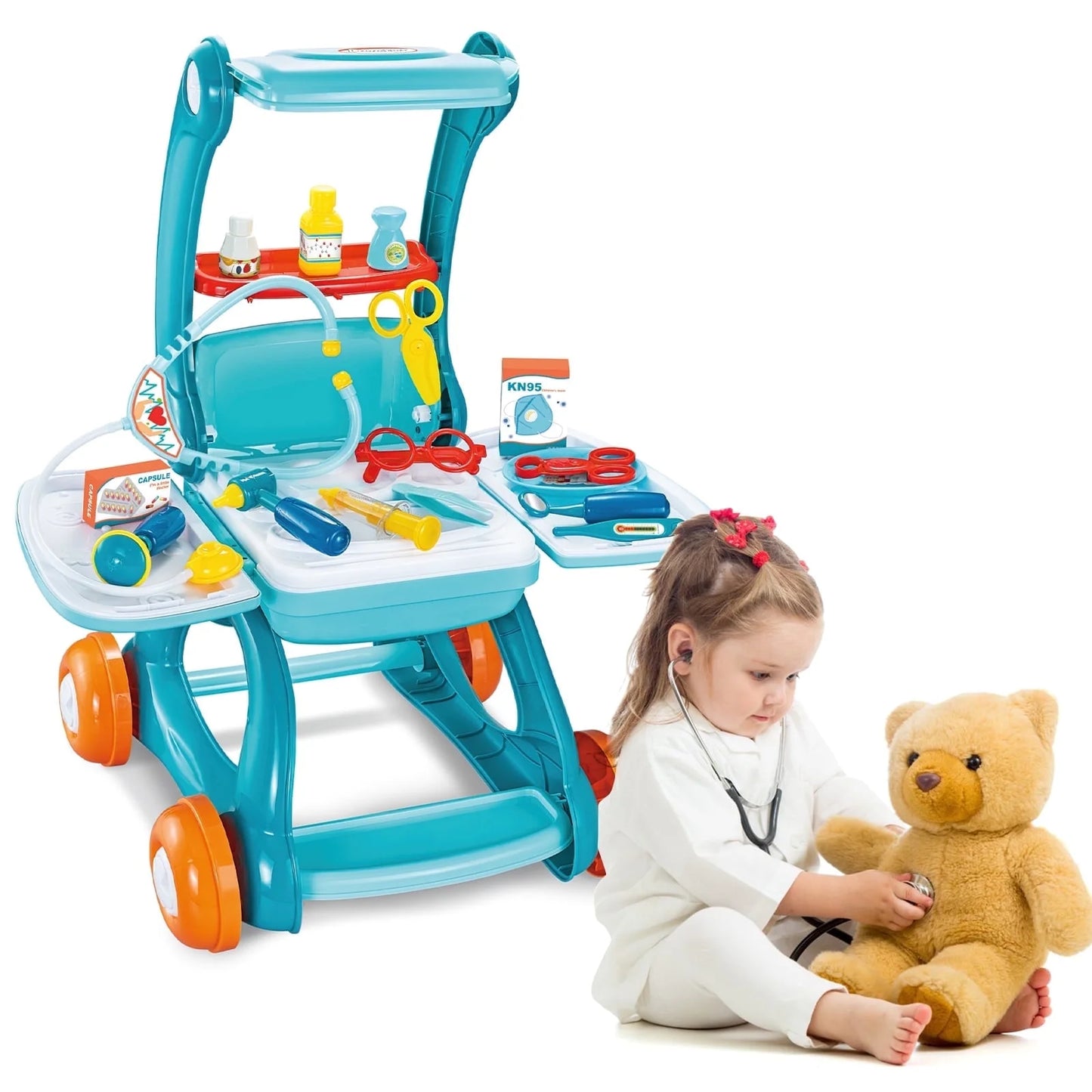 Kids Doctor Pretend Play Set – 16PCS Medical Station Toy with Mobile Cart 