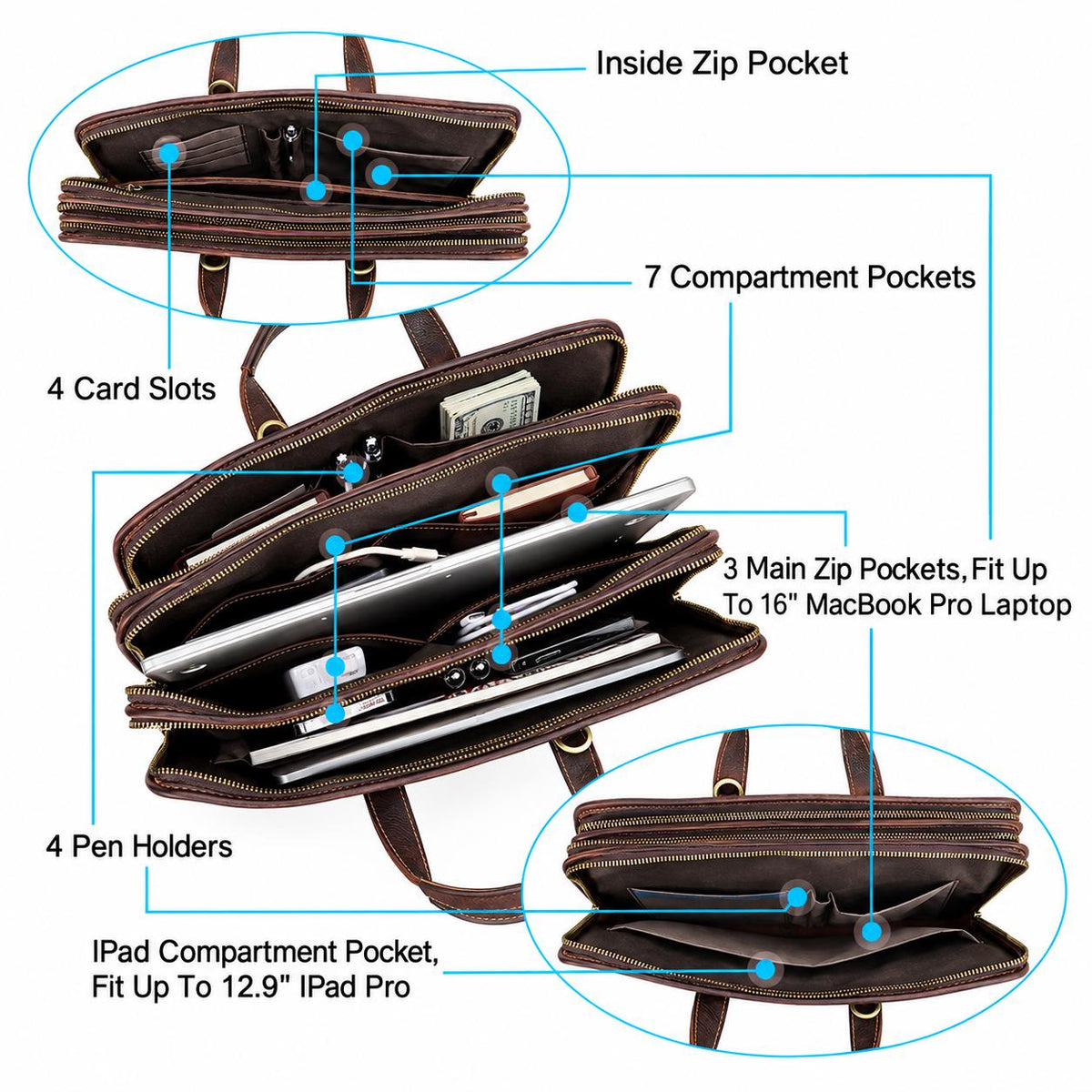 Custom Leather Briefcase for Men, Triple-Zip Laptop Bag, Crazy Horse Cowhide Messenger Bag