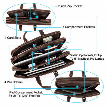 Custom Leather Briefcase for Men, Triple-Zip Laptop Bag, Crazy Horse Cowhide Messenger Bag