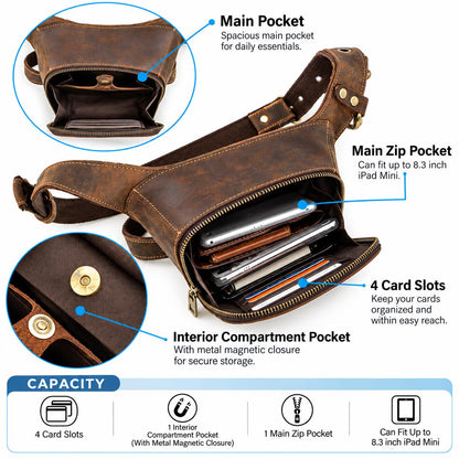 Leather Drop Leg Bag for Men, Custom Motorcycle Thigh Bag, Mens Tactical Waist Fanny Pack Fits iPad Mini, Lombardi