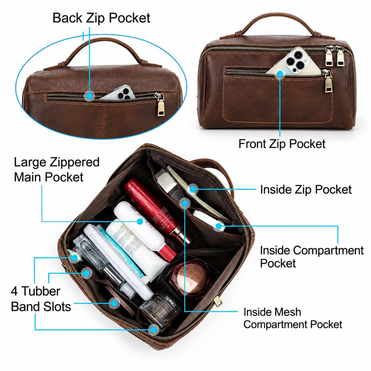 Leather Toiletry Bag for Men, Custom Dopp Kit Travel Bag, Personalized Shaving Cosmetic Bag, Groomsmen Gift, Dante
