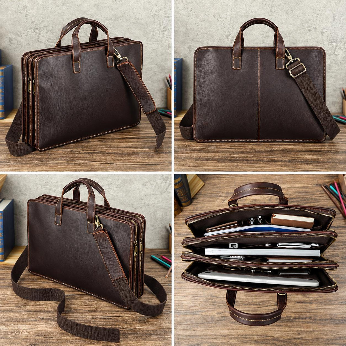 Custom Leather Briefcase for Men, Triple-Zip Laptop Bag, Crazy Horse Cowhide Messenger Bag