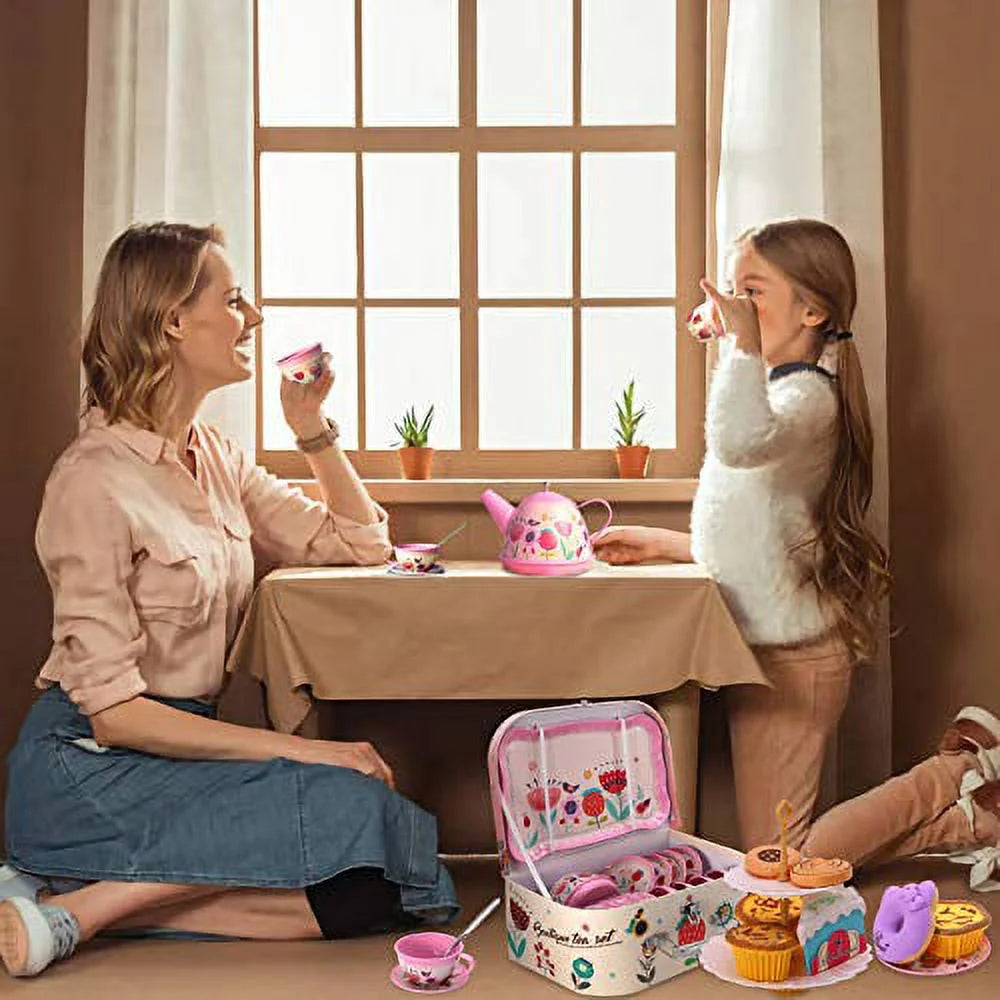 Kids Tea Party Playset – Princess Kitchen Toy with Teapot, Dessert & Carrying Case