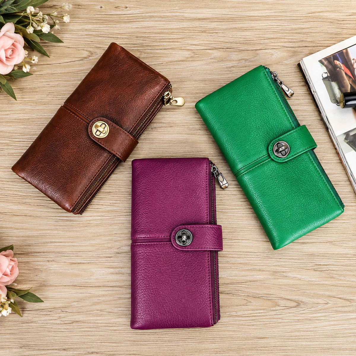 Personalized Leather Long Wallet for Women, Custom Double Zipper Clutch Purse, Twist Lock Card Holder Phone Wallet, Gift for Her, Orlando