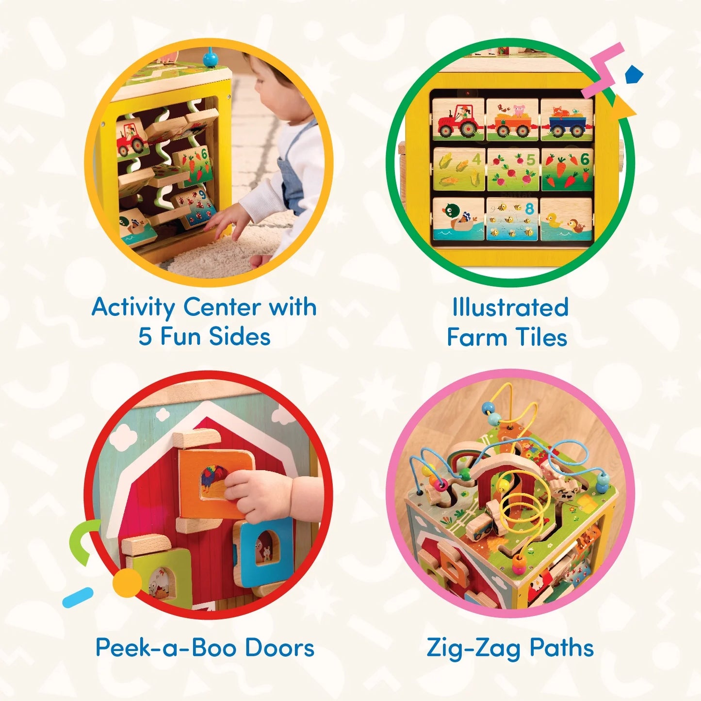 Wooden Barnyard Activity Cube – 5-in-1 Toy with Bead Maze for Babies & Toddlers
