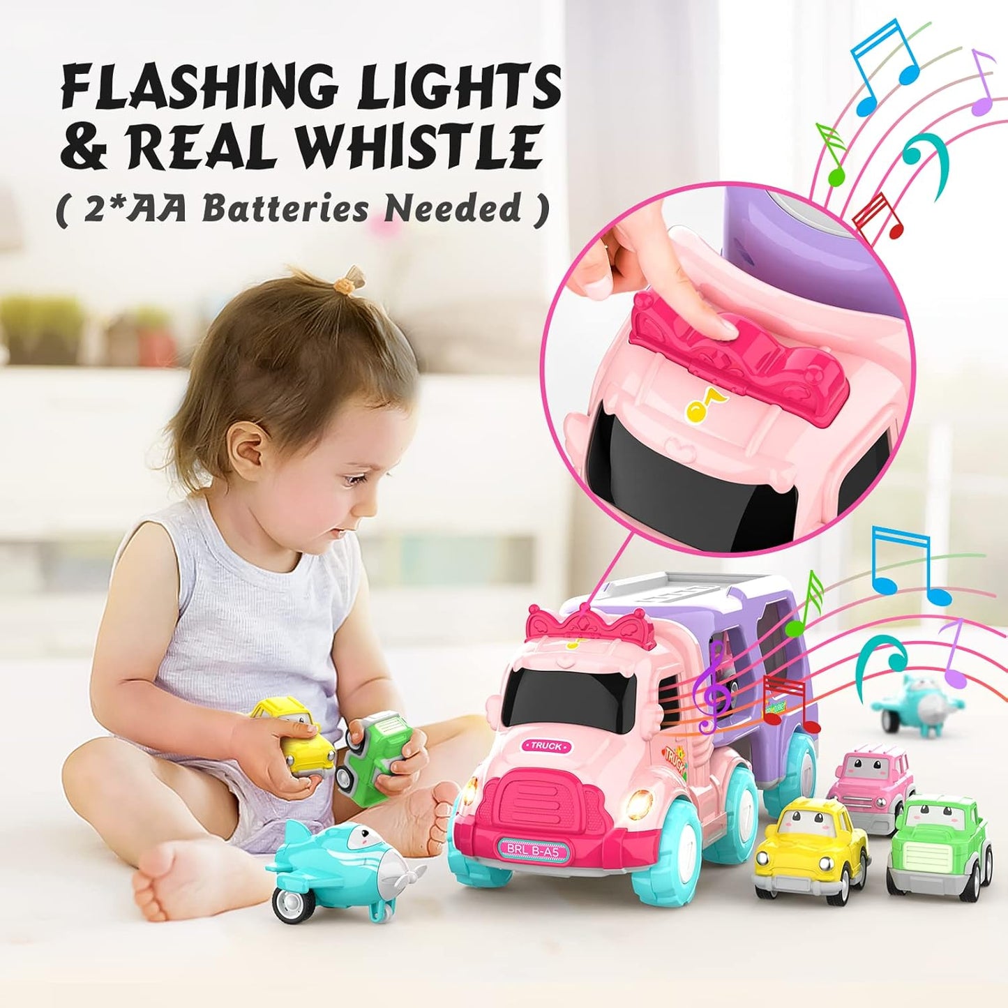 Pink 5 in 1 Carrier Truck Toy for Girls – Lights and Sounds