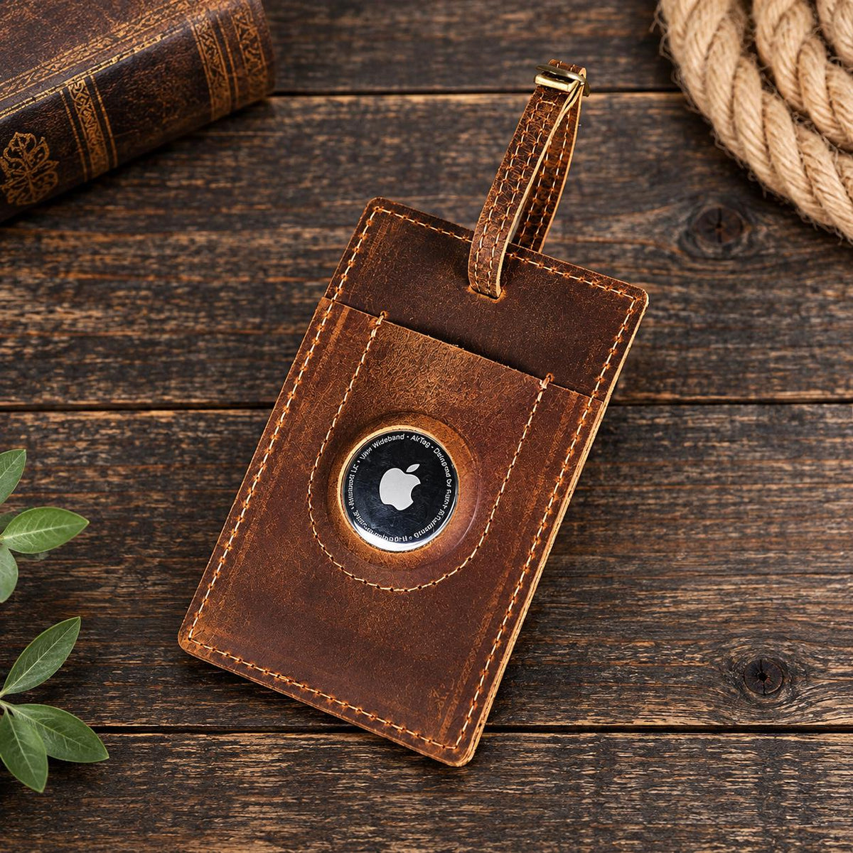 Marlow-Personalized Leather Luggage Tag with AirTag Holder Set of 1-2-4 , Custom Engraved Travel Suitcase Bag Tag, Groomsmen Gift, Marlow