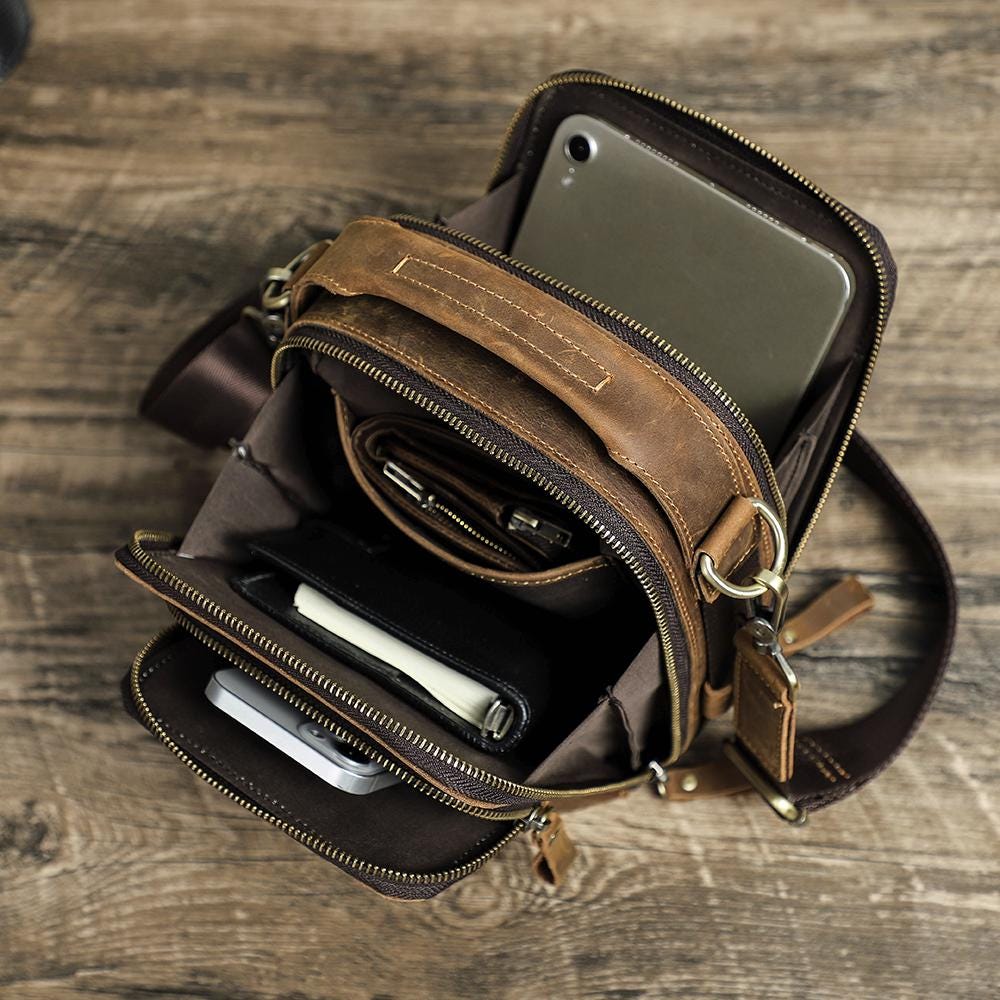 Leather Crossbody Bag for Men, Custom Mens Messenger Bag Fits iPad Mini, Vertical Travel Shoulder Bag with Handle, Moretti