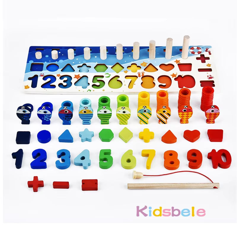Wooden Montessori Number & Shape Sorting Puzzle – Educational Counting Toy for Toddlers