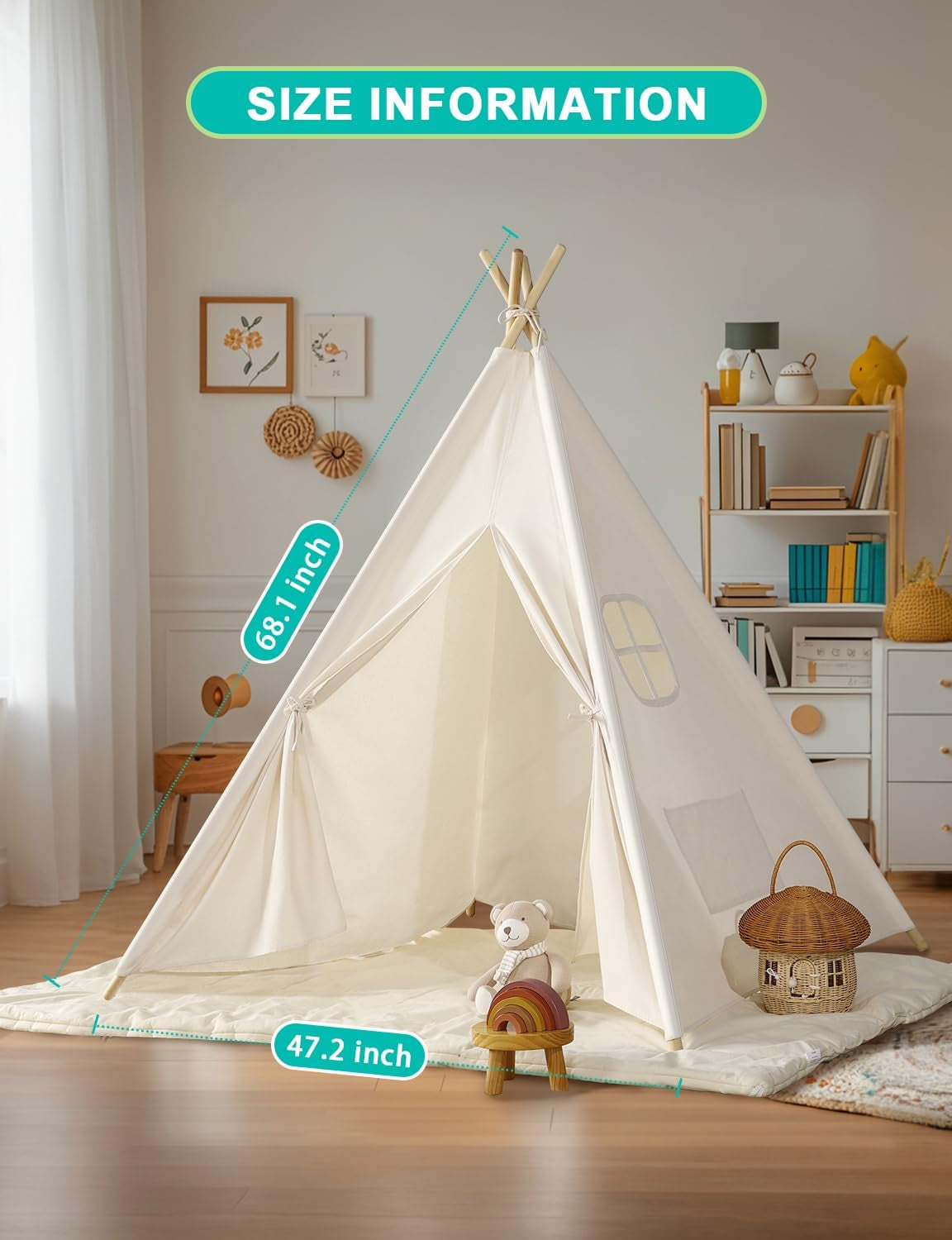 Kids Teepee Play Tent – Foldable Natural Canvas Tipi with Lights & Carry Bag