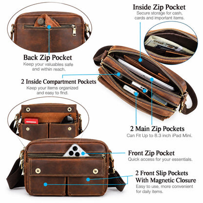 Personalized Leather Crossbody Bag for Men, Custom Mens Messenger Bag, Multi Pocket Shoulder Travel Bag Fits iPad Mini, Corvino