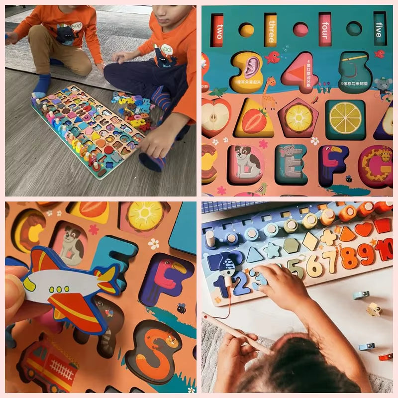 Wooden Montessori Number & Shape Sorting Puzzle – Educational Counting Toy for Toddlers