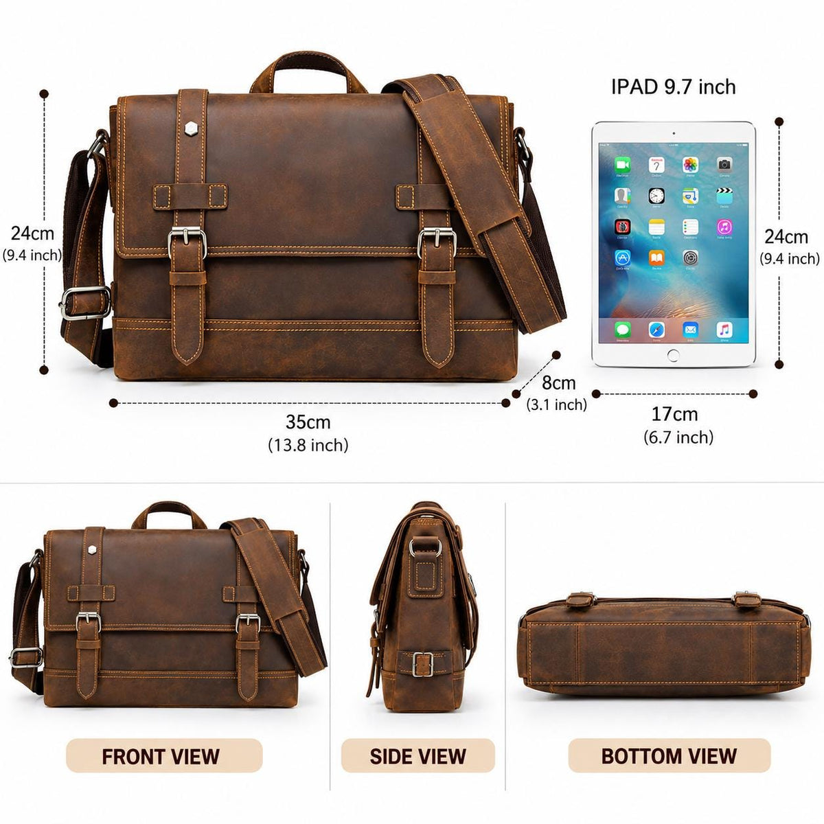 Leather Messenger Bag for Men, Custom Mens Briefcase Fits 12 Inch Laptop, Shoulder Crossbody Work Bag, Celvano