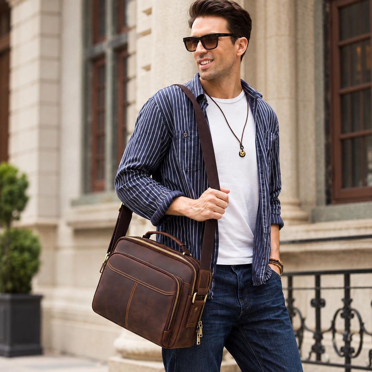 Leather Messenger Bag for Men, Personalized Crossbody Bag, Full Grain Shoulder Bag Fits 9.7 iPad, Anniversary Gift for Him