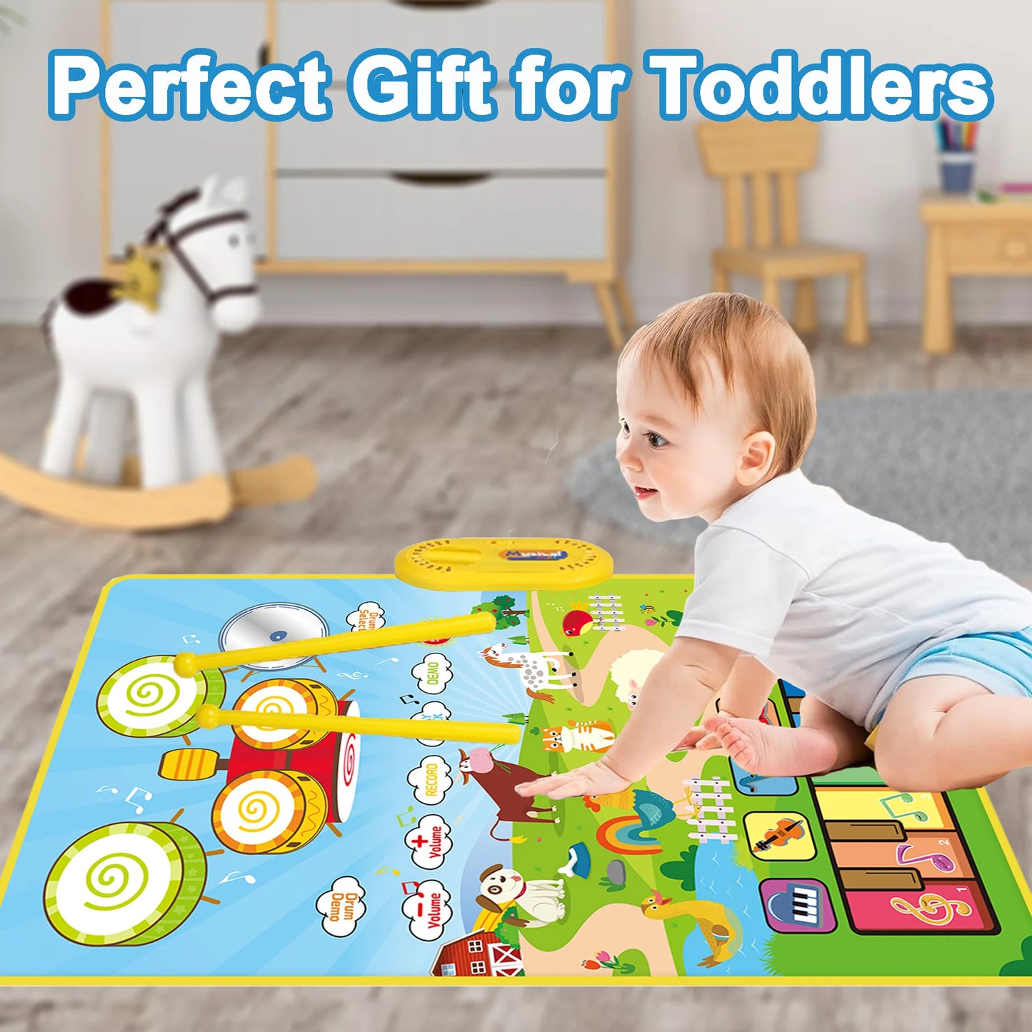 3-in-1 Musical Mat Toy – Piano & Drum Floor Blanket with Sticks for Toddlers Ages 1–3