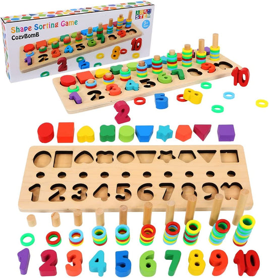 Montessori Educational Wooden Counting Blocks – Number Puzzle & Shape Stacker Toy