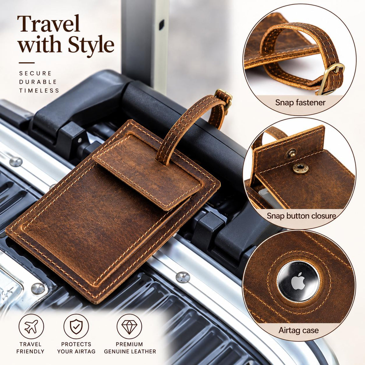 Marlow-Personalized Leather Luggage Tag with AirTag Holder Set of 1-2-4 , Custom Engraved Travel Suitcase Bag Tag, Groomsmen Gift, Marlow
