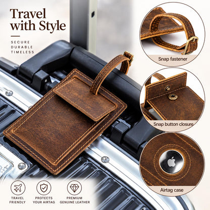 Marlow-Personalized Leather Luggage Tag with AirTag Holder Set of 1-2-4 , Custom Engraved Travel Suitcase Bag Tag, Groomsmen Gift, Marlow