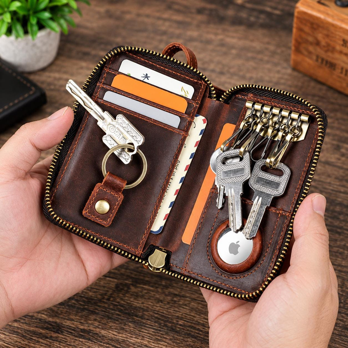 Personalized Leather Key Case Wallet with AirTag Holder, Custom Zipper Key Organizer Pouch, Vintage Card Key Fob Holder, Renzo