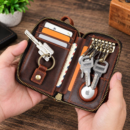 Personalized Leather Key Case Wallet with AirTag Holder, Custom Zipper Key Organizer Pouch, Vintage Card Key Fob Holder, Renzo