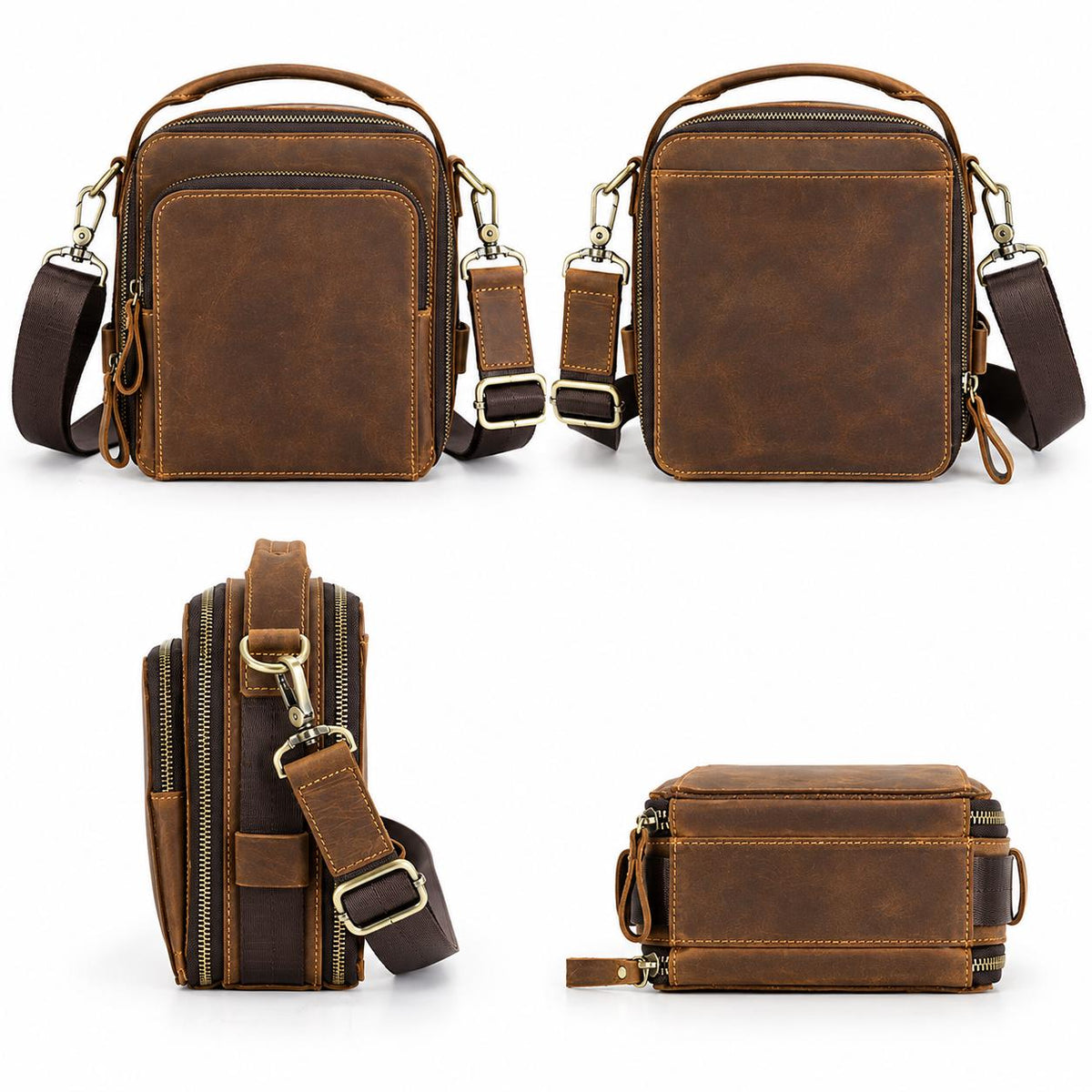 Leather Crossbody Bag for Men, Custom Mens Messenger Bag Fits iPad Mini, Vertical Travel Shoulder Bag with Handle, Moretti