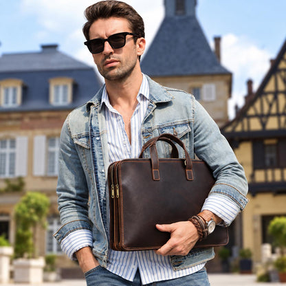 Custom Leather Briefcase for Men, Triple-Zip Laptop Bag, Crazy Horse Cowhide Messenger Bag