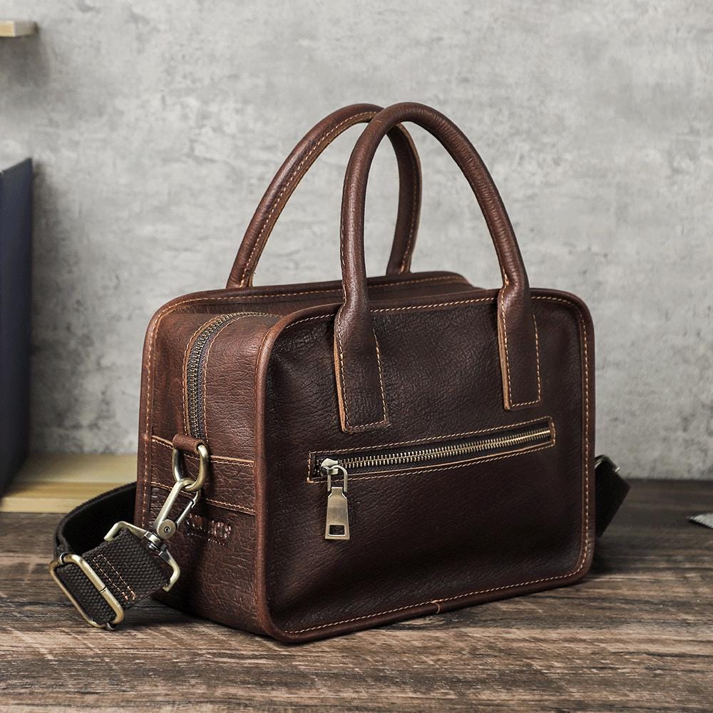 Leather Crossbody Bag for Men, Personalized Top Handle Bag, Small Messenger Travel Bag for Husband, Anniversary Gift for Him