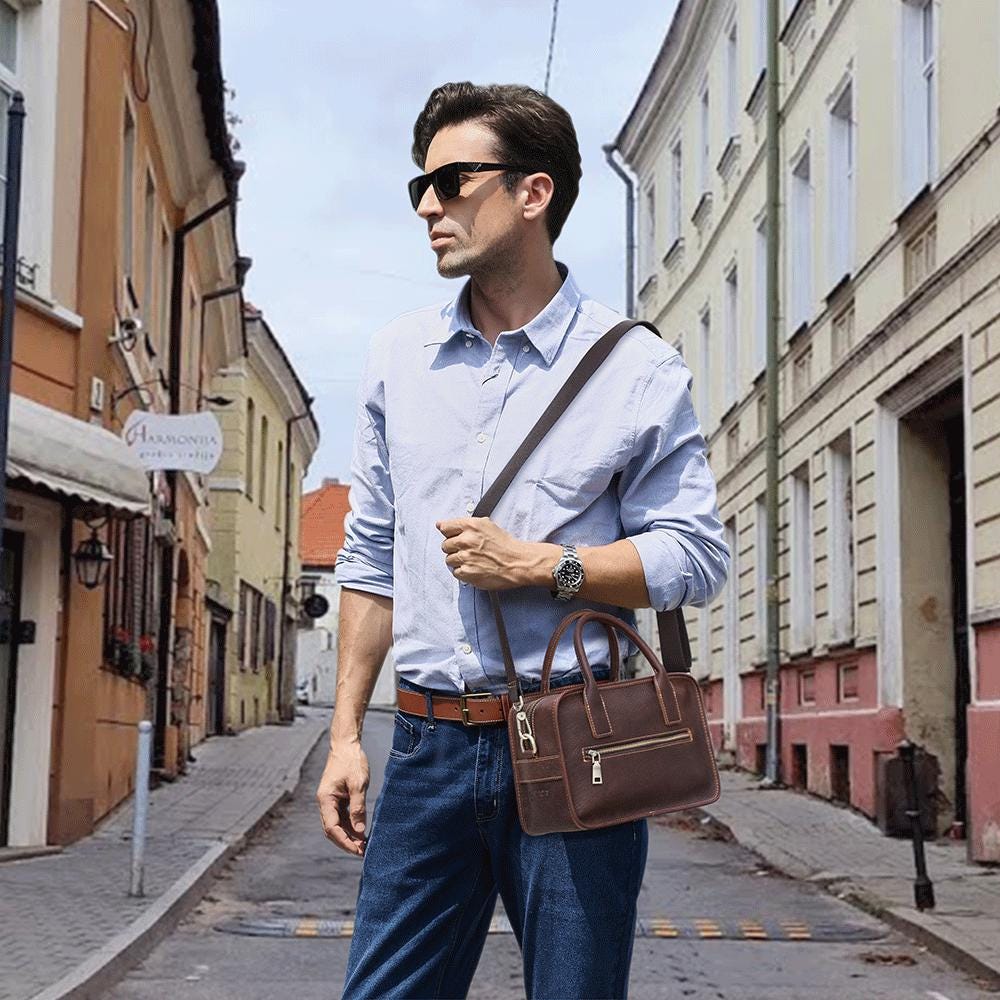 Leather Crossbody Bag for Men, Personalized Top Handle Bag, Small Messenger Travel Bag for Husband, Anniversary Gift for Him