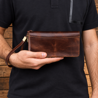 Aveline Handcrafted Genuine Leather Long Wallet with Wristlet & Zipper Pocket