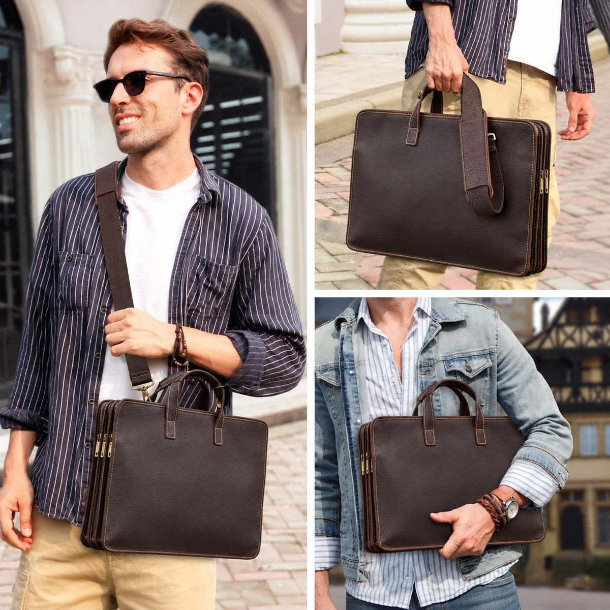 Custom Leather Briefcase for Men, Triple-Zip Laptop Bag, Crazy Horse Cowhide Messenger Bag