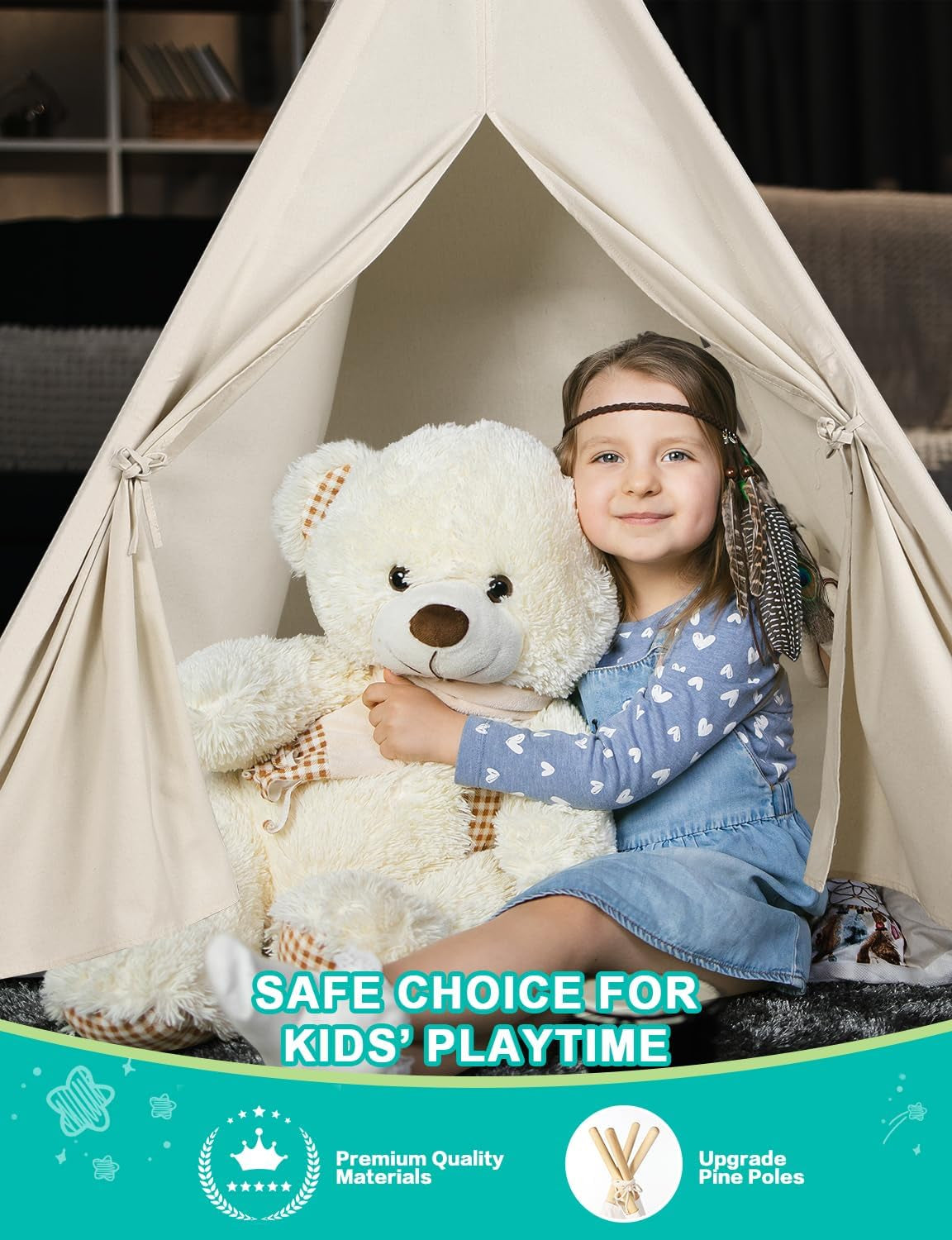 Kids Teepee Play Tent – Foldable Natural Canvas Tipi with Lights & Carry Bag