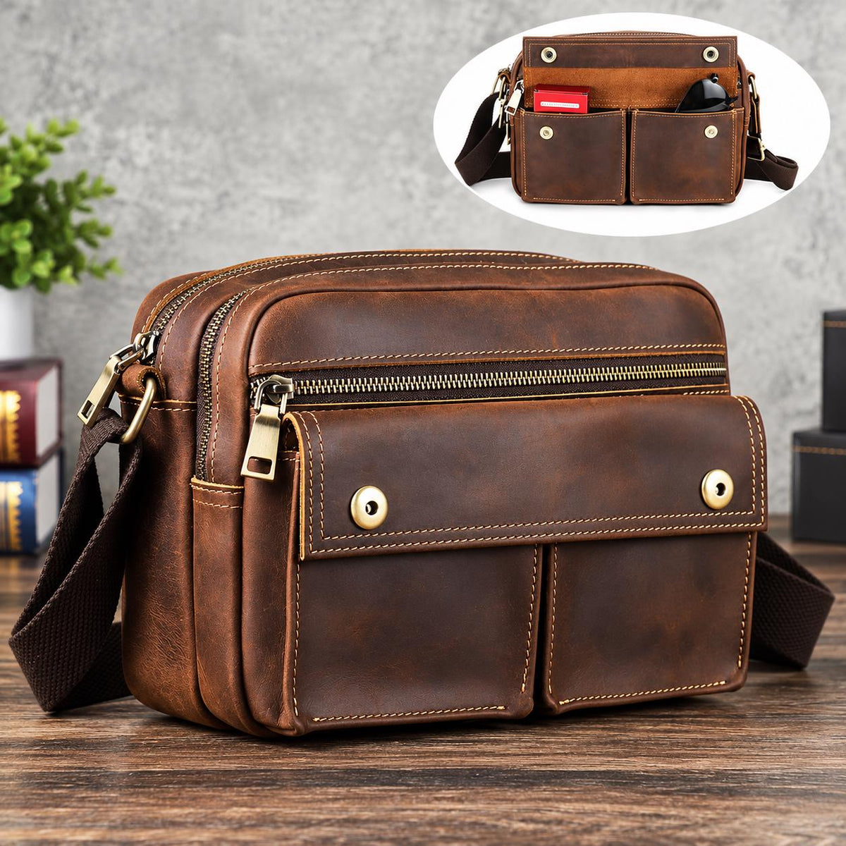 Personalized Leather Crossbody Bag for Men, Custom Mens Messenger Bag, Multi Pocket Shoulder Travel Bag Fits iPad Mini, Corvino