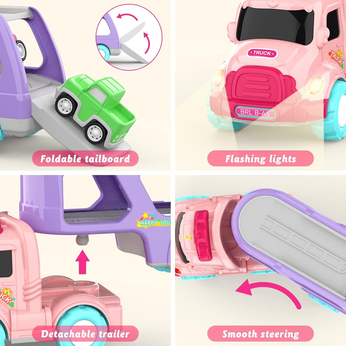 Pink 5 in 1 Carrier Truck Toy for Girls – Lights and Sounds
