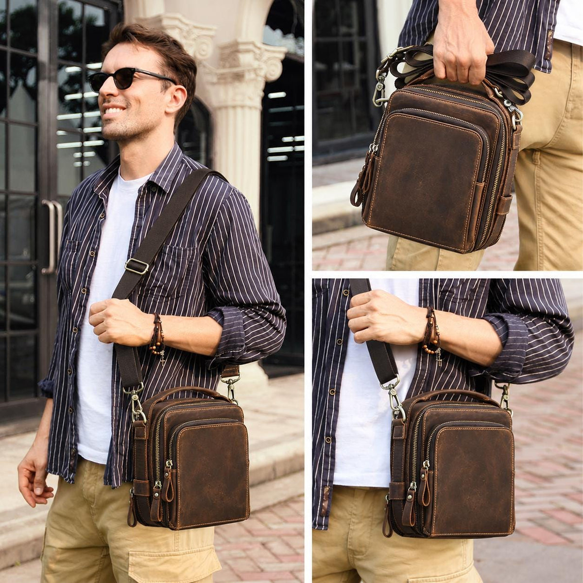 Leather Crossbody Bag for Men, Custom Mens Messenger Bag Fits iPad Mini, Vertical Travel Shoulder Bag with Handle, Moretti