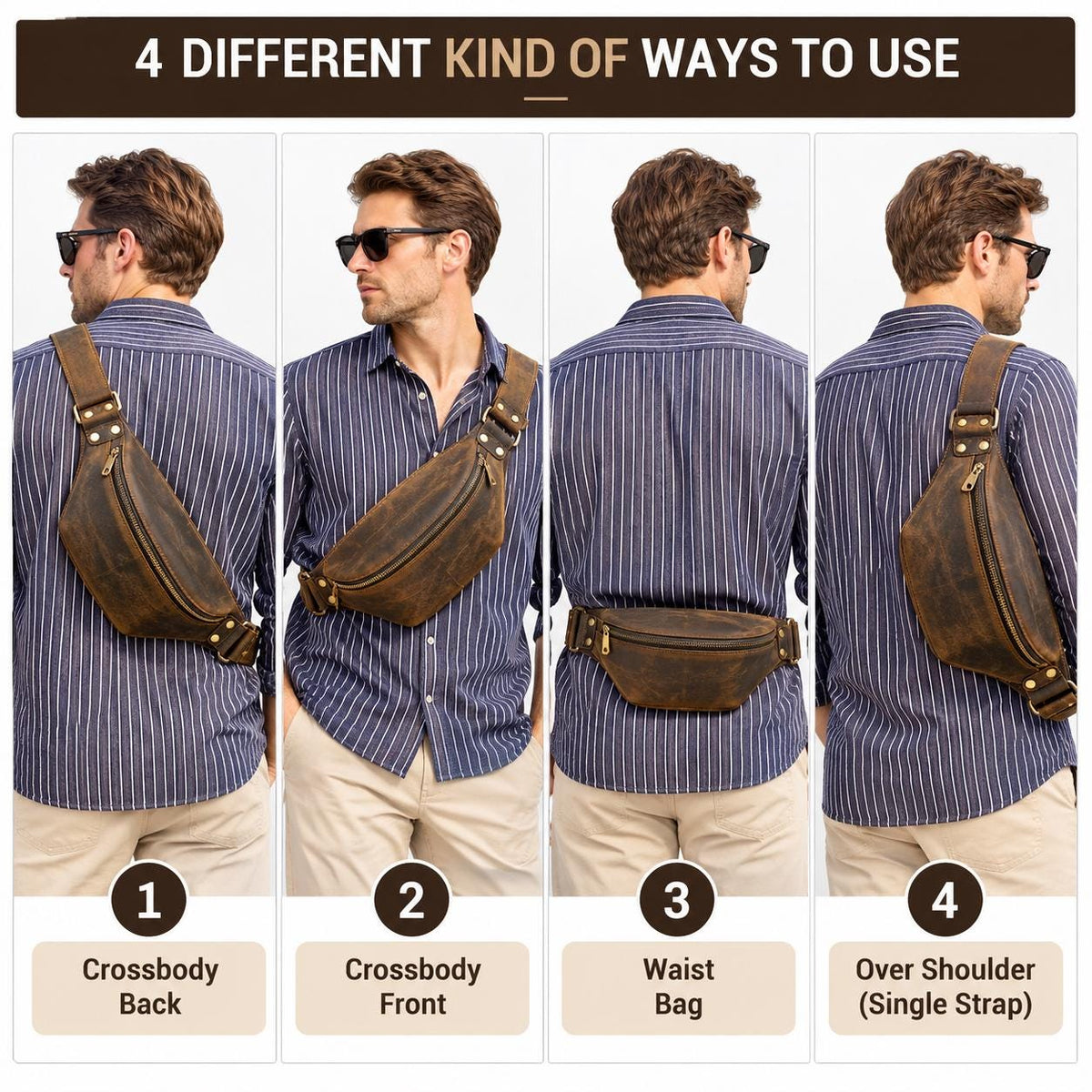 Leather Fanny Pack for Men, Custom Crossbody Sling Bag, Mens Waist Belt Bag Fits iPad Mini, Gift for Him, Velmora