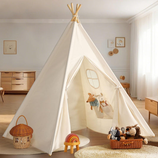 Kids Teepee Play Tent – Foldable Natural Canvas Tipi with Lights & Carry Bag