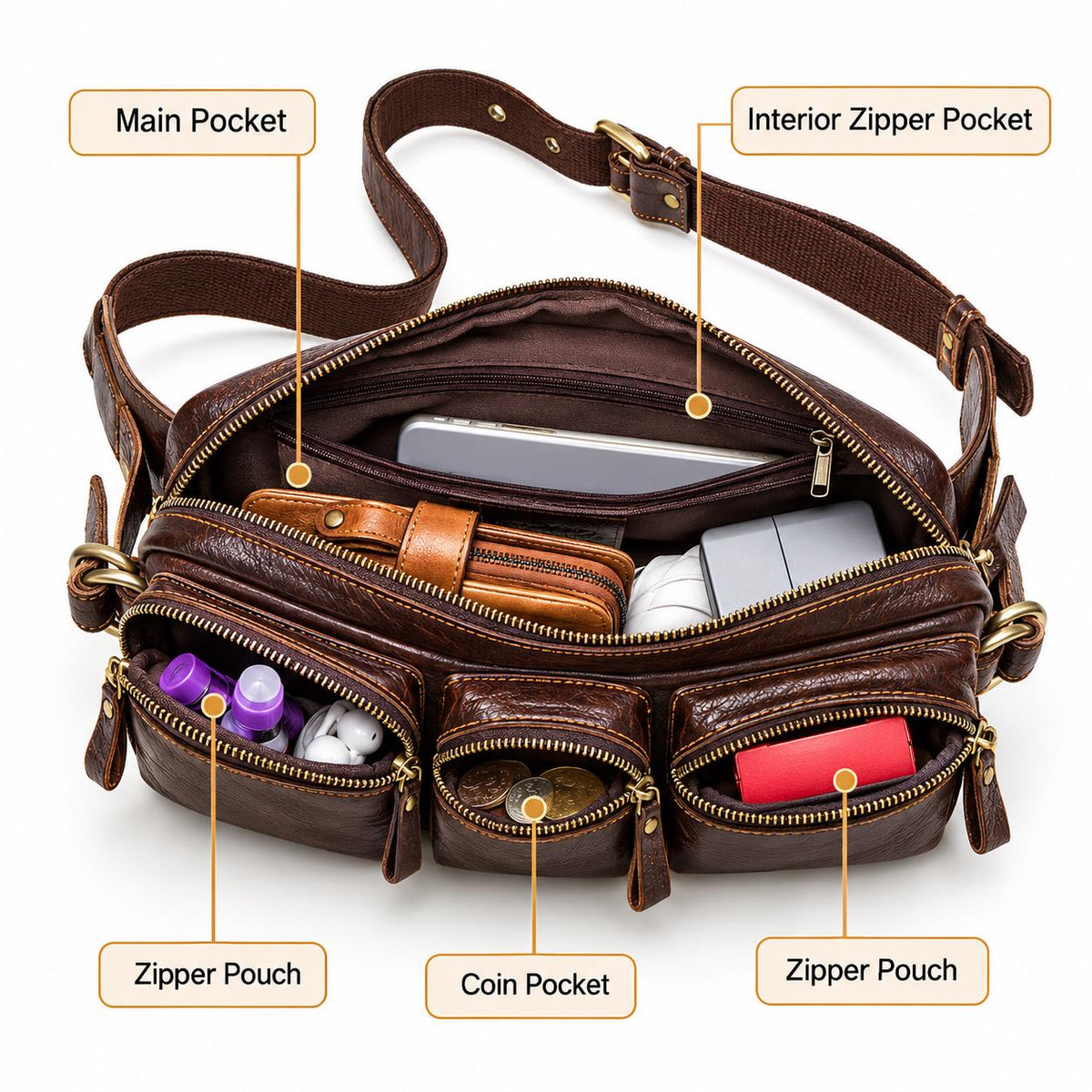 Customizable Genuine Leather Sling Bag, Multi-Pocket Travel Chest Pouch (Vespari)