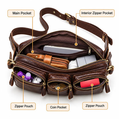 Customizable Genuine Leather Sling Bag, Multi-Pocket Travel Chest Pouch (Vespari)