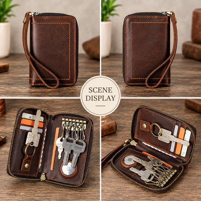 Personalized Leather Key Case Wallet with AirTag Holder, Custom Zipper Key Organizer Pouch, Vintage Card Key Fob Holder, Renzo