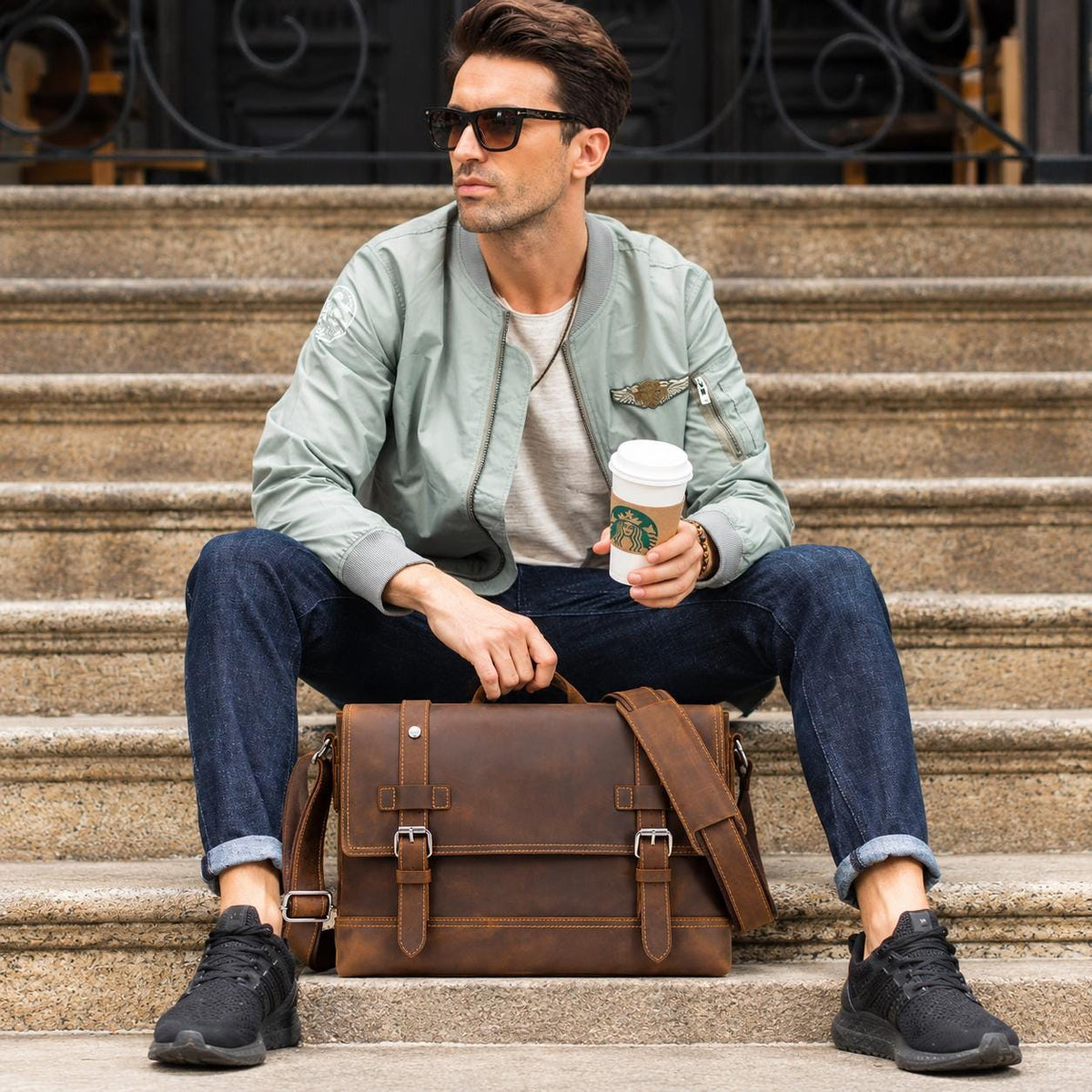 Leather Messenger Bag for Men, Custom Mens Briefcase Fits 12 Inch Laptop, Shoulder Crossbody Work Bag, Celvano