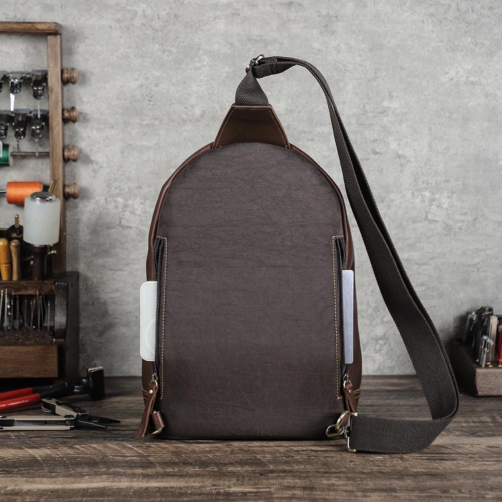 Leather Sling Bag for Men, Custom Crossbody Backpack Fits 13.3 Inch Laptop, One Shoulder Chest Bag, Bellagra