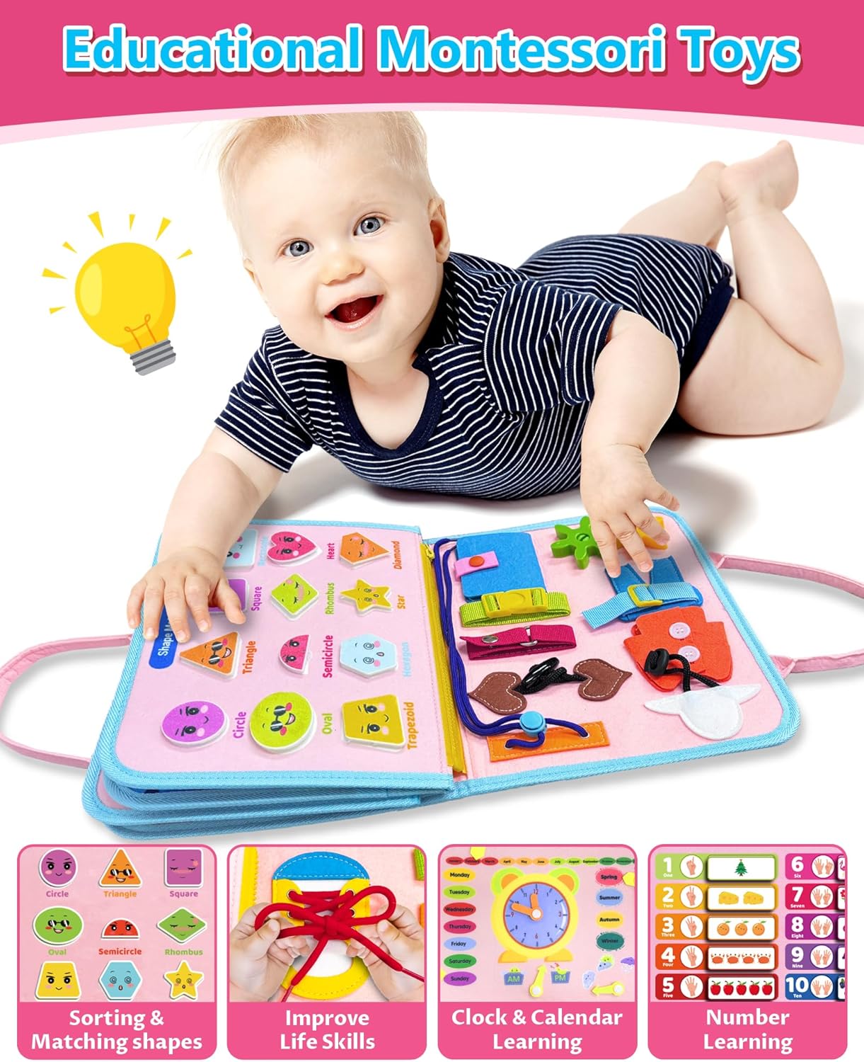 Montessori Busy Board & Book – Sensory Learning Toy for Toddlers, Educational Travel Activity Gift